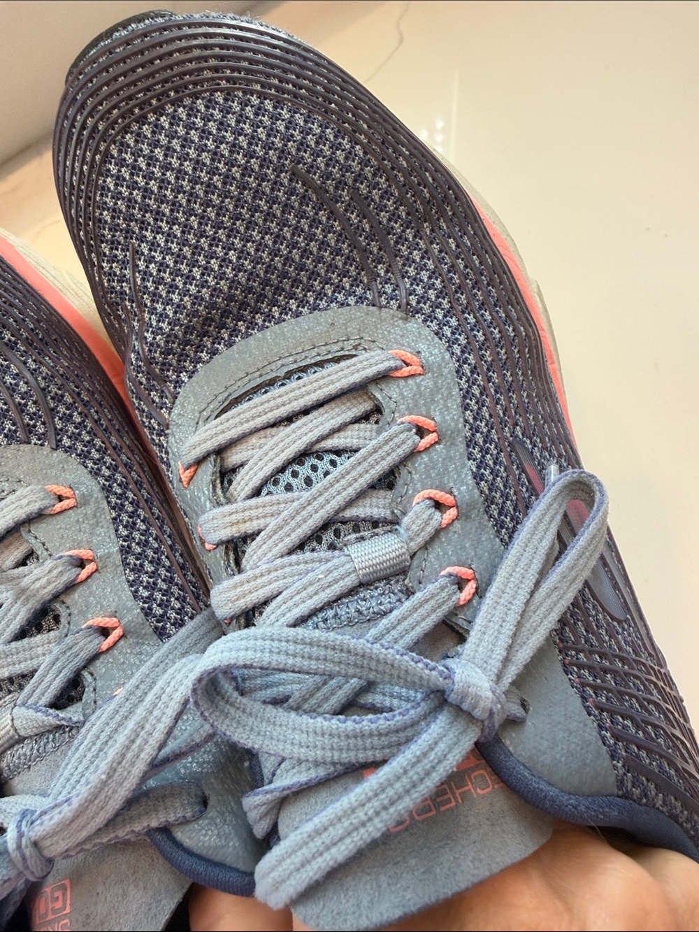 Skechers Women's Blue Knit Athletic Sneakers with Pink Midsole - Picture 17 of 17